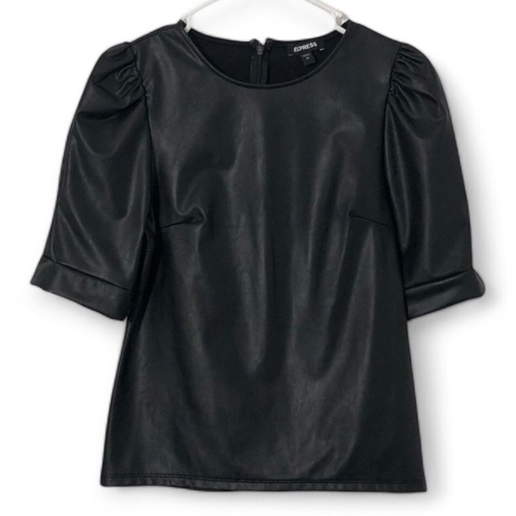 EXPRESS Women’s faux leather blouse top black puff short sleeve Small - Picture 1 of 4
